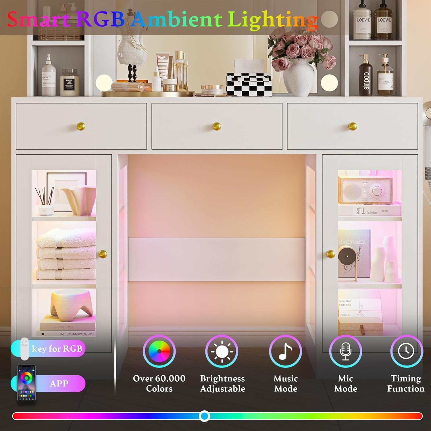 Makeup Vanity Desk with Mirror and Lights, White Vanity with Glass Top, LED Lights & Power Outlet, 3 Drawers & 2 RGB Glass Cabinets, Adjustable Lighted Dressing Table for Women & Girls Bedroom