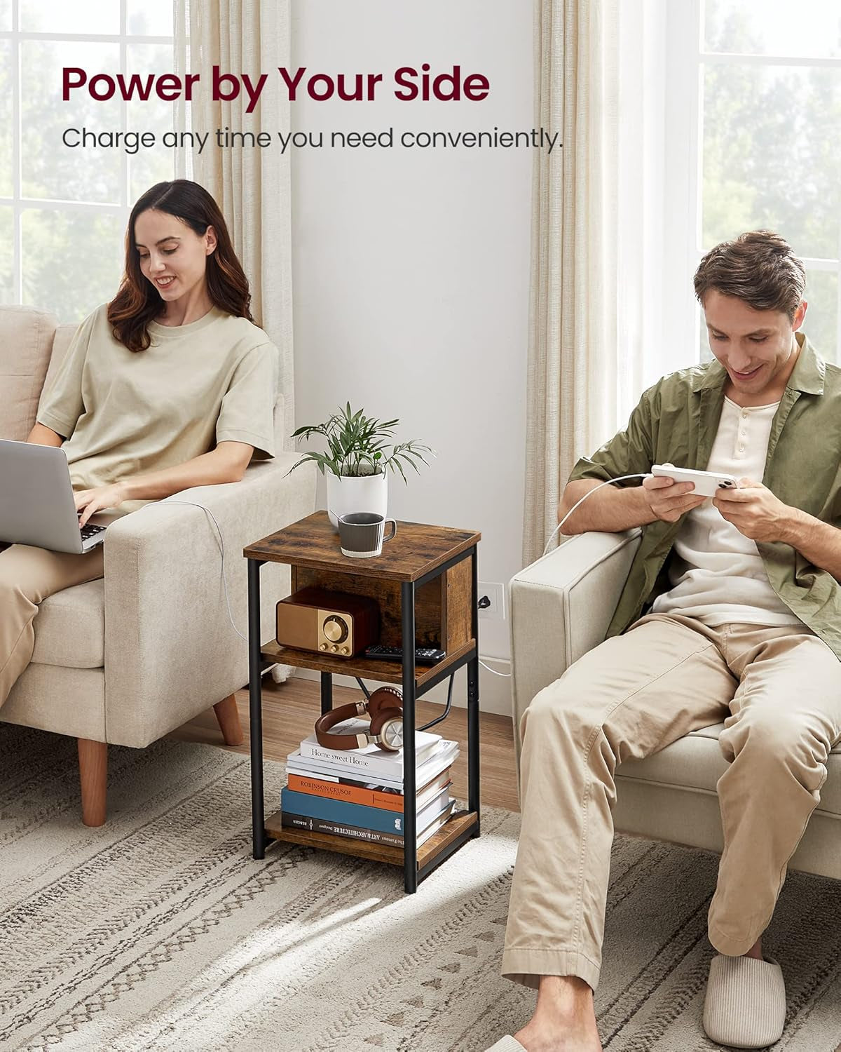 Side Table with Charging Station, 3-Tier End Table with USB Ports and Outlets, Nightstand for Living Room, Bedroom, 11.8 X 13.4 X 22.8 Inches, Plug-In Series, Black