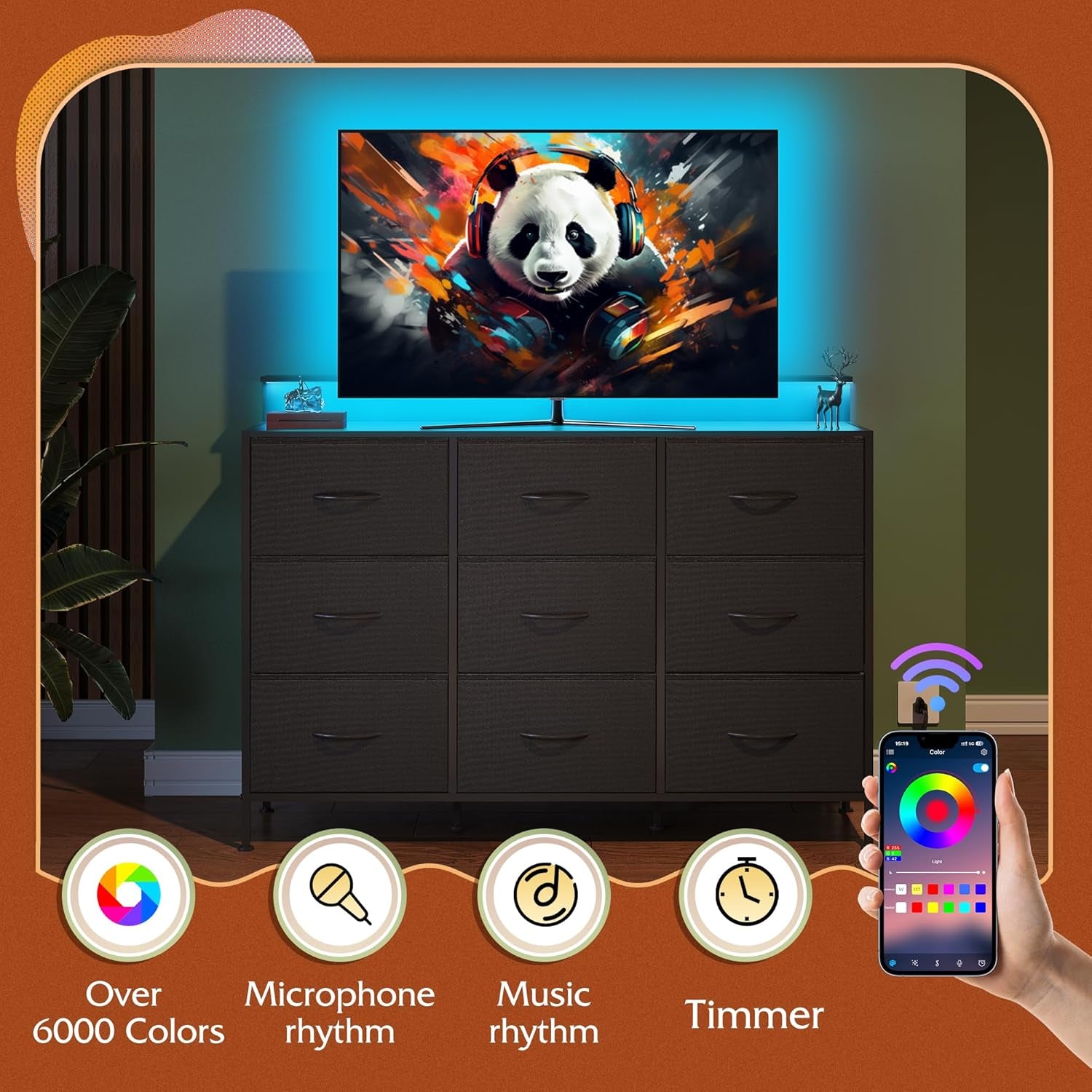 Black TV Stand for 45, 50, 55 Inch TV, Entertainment Center with LED Lights & Charging Station, TV Media Console Table with 9 Fabric Drawers and Open Shelves for Living Room, Hallway, Wood Top