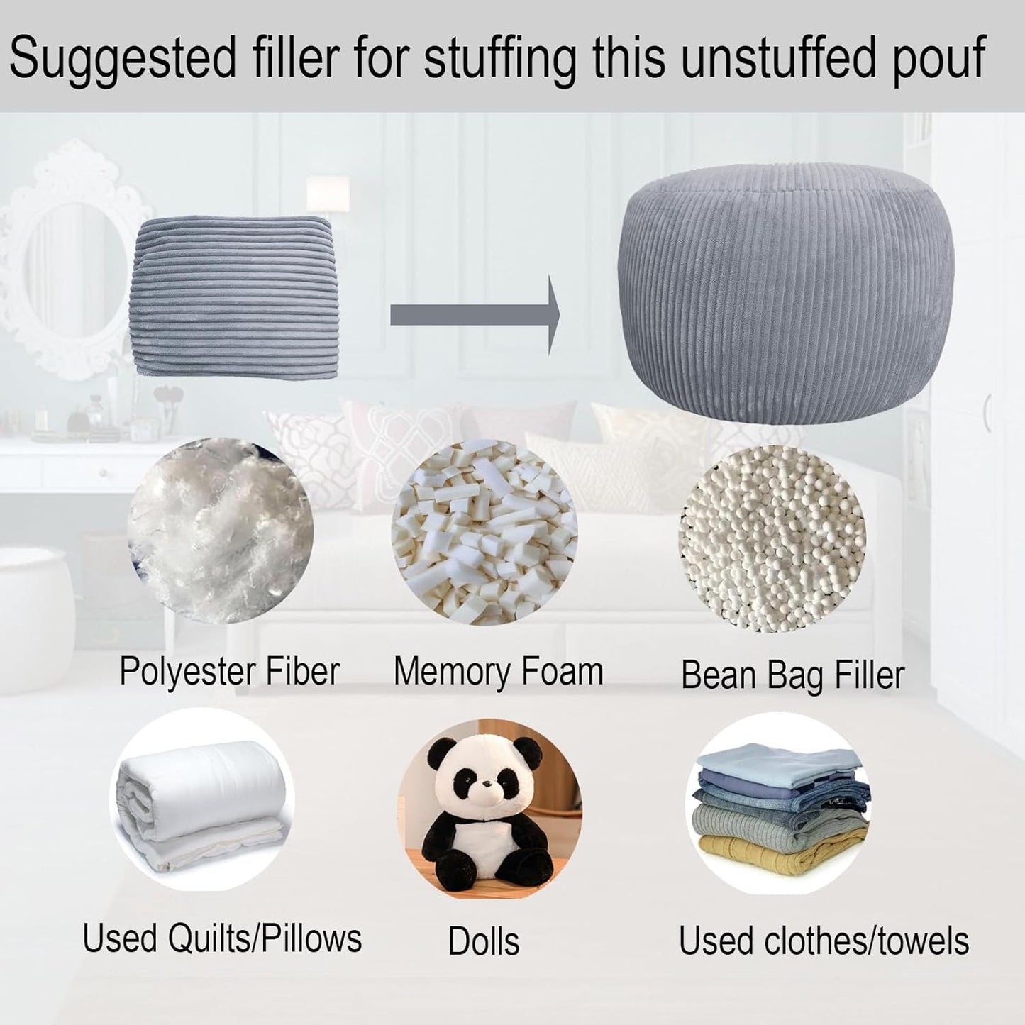 Unstuffed Ottoman Pouf Cover, Foot Rest Cover, Bean Bag Chair Cover (Gray)