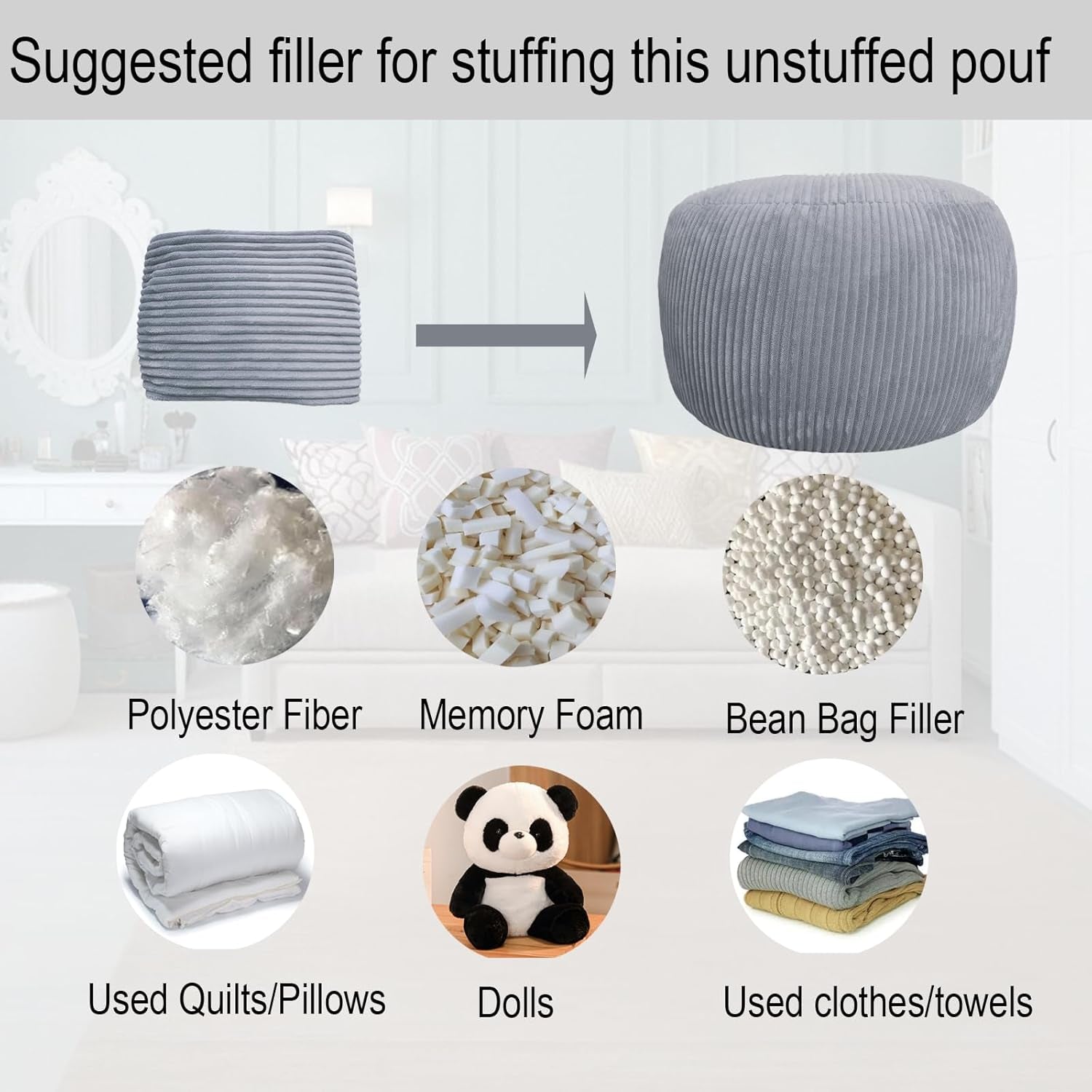 Unstuffed Ottoman Pouf Cover, Foot Rest Cover, Bean Bag Chair Cover (Gray)