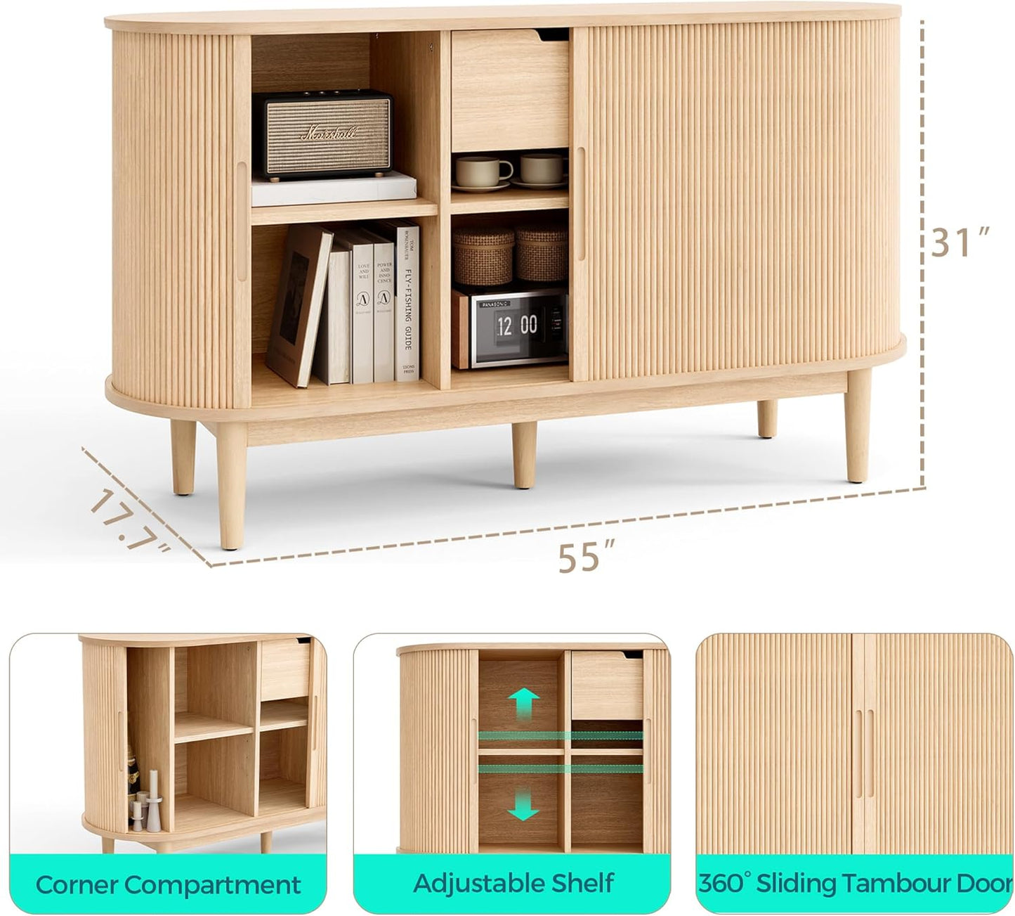 Sideboard Buffet Cabinet with Storage, 55" Fluted Coffee Bar Cabinet with Tambour Sliding Doors and Drawer, Mid Century Modern Wood Storage Buffet Table for Kitchen, Living Room, Oak