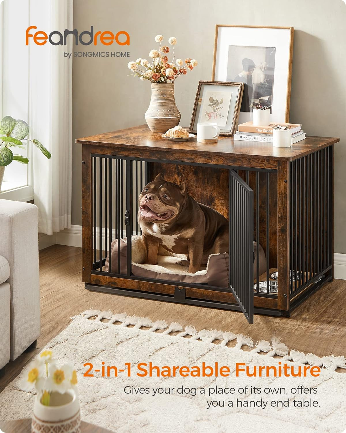 Dog Crate Furniture, 38 Inches Dog Kennel for Dogs up to 70 Lb, with Removable Tray, Heavy-Duty Dog Cage End Table, Double Doors Dog House, Rustic Brown UPFC013X01