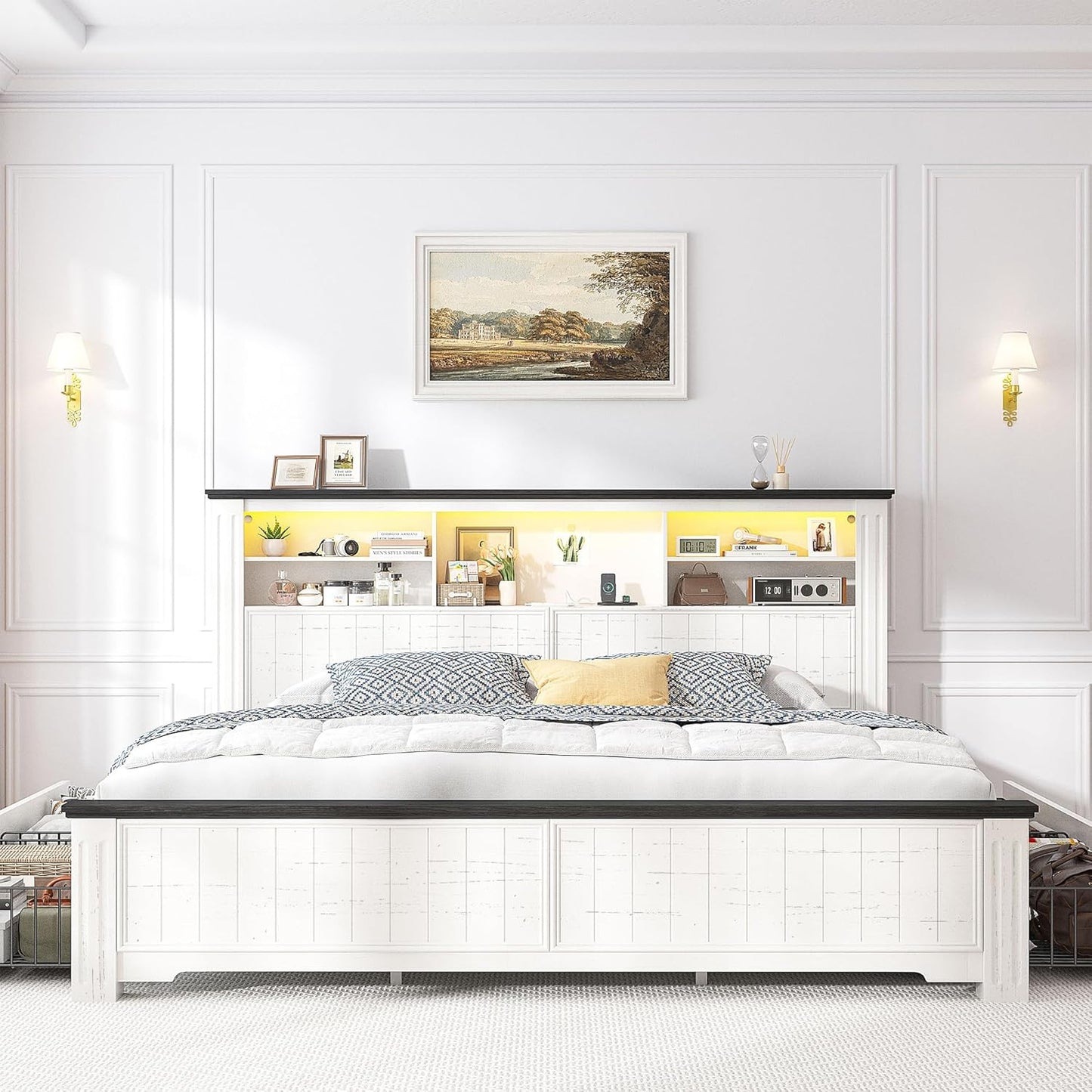 King Size Bed Frame and Headboard & Storage, 4 Drawers and LED Built in Charging Station King Bed Frame with Storage Farmhouse,No Noise,No Box Spring Needed,White
