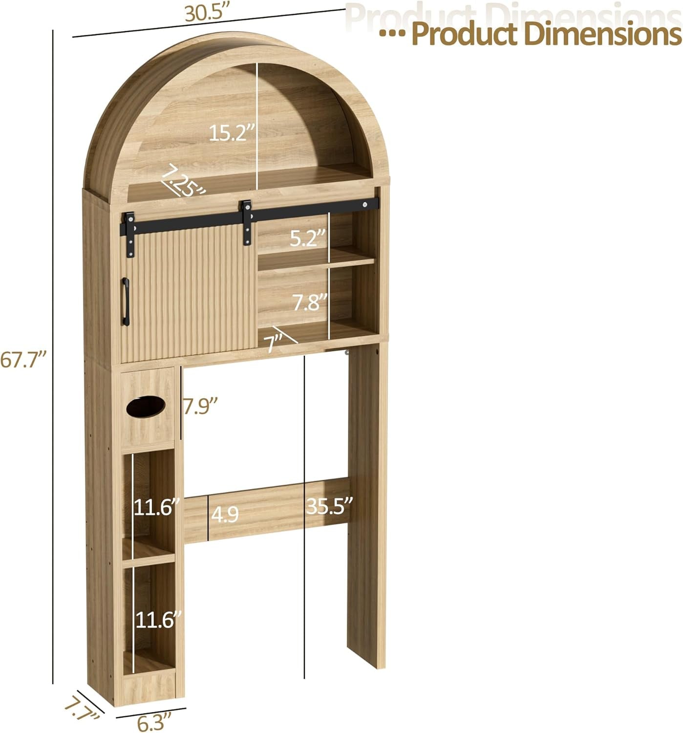 Over the Toilet Storage Cabinet, Bathroom Organizer over Toilet with Sliding Doors, Arched Storage Organizer Cabinet with Anti-Tip Device and Adjustable Shelf for Bathroom, Natural