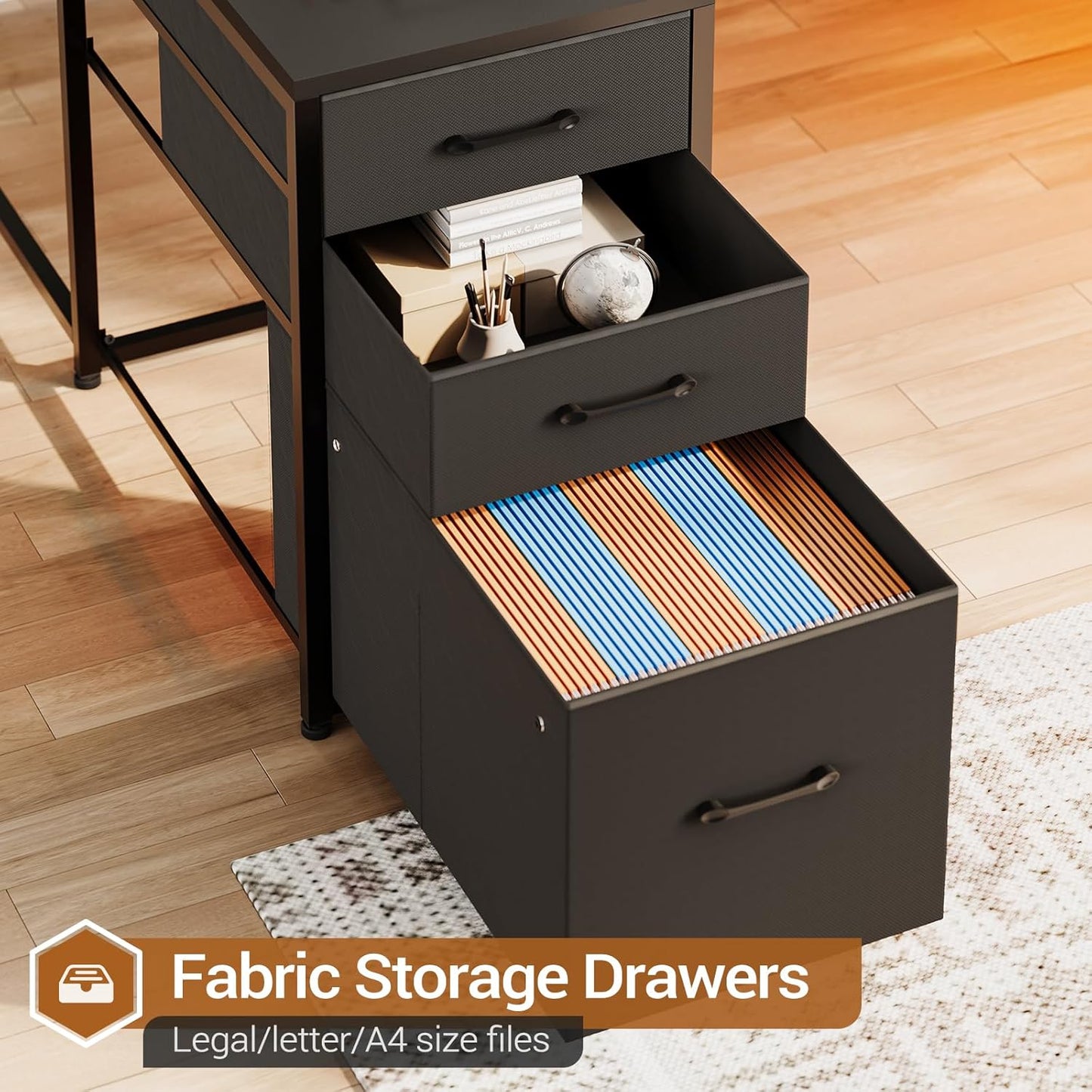 L Shaped Gaming Desk, Reversible U Shaped Computer Desk with Power Outlet and Storage Shelves, Corner Gaming Desk with LED Lights, 3 Fabric Drawers, Black