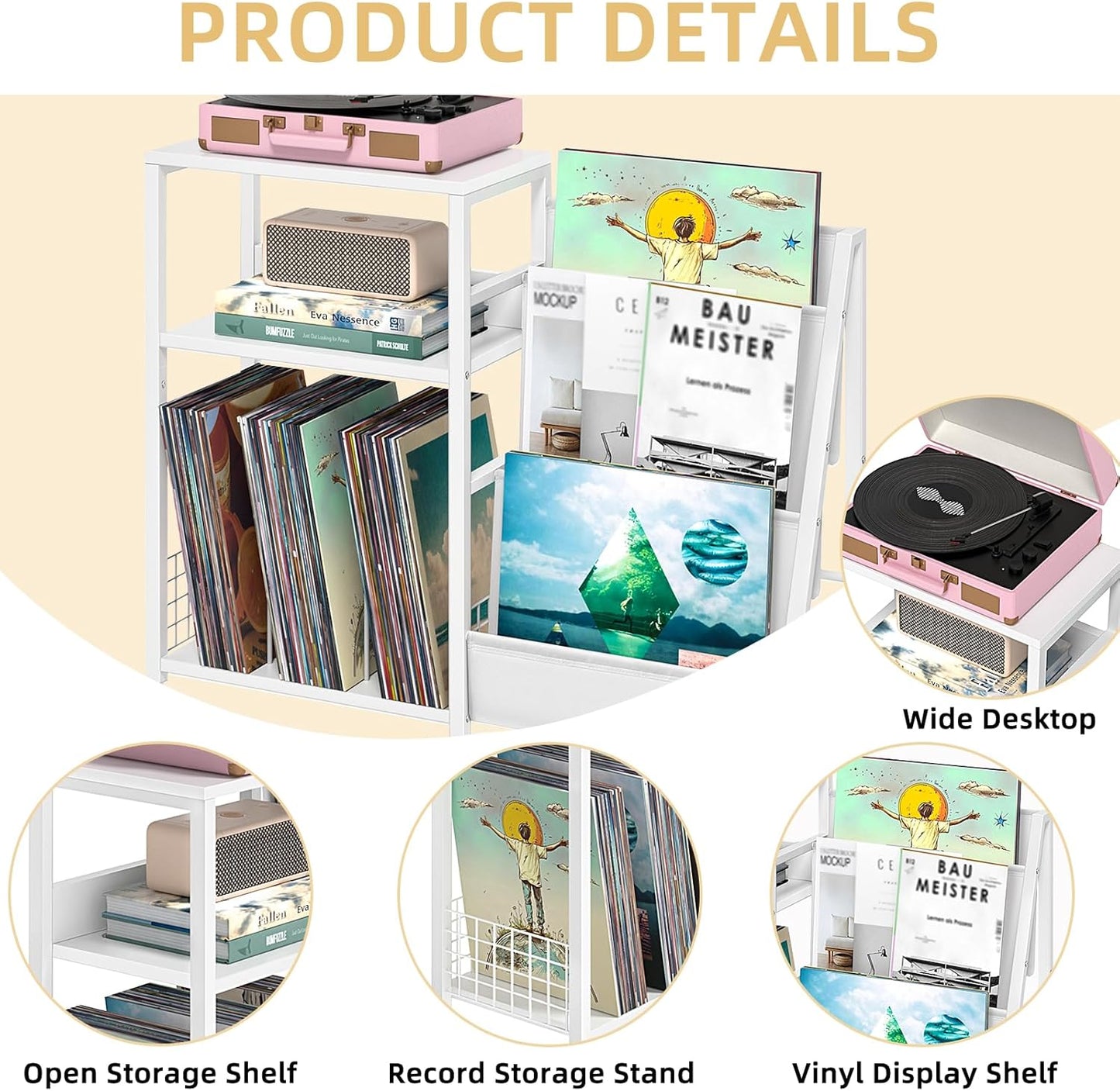Record Player Table,Turntable Shelf with Vinyl Storage up to 150 Albums,White Side Table with 3 Tier Magazine Periodical Book Rack,Wide Metal Record Holder Cabinet for Room Office