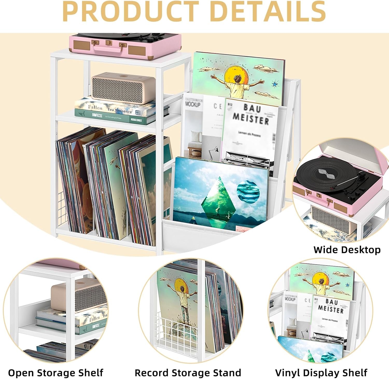 Record Player Table,Turntable Shelf with Vinyl Storage up to 150 Albums,White Side Table with 3 Tier Magazine Periodical Book Rack,Wide Metal Record Holder Cabinet for Room Office