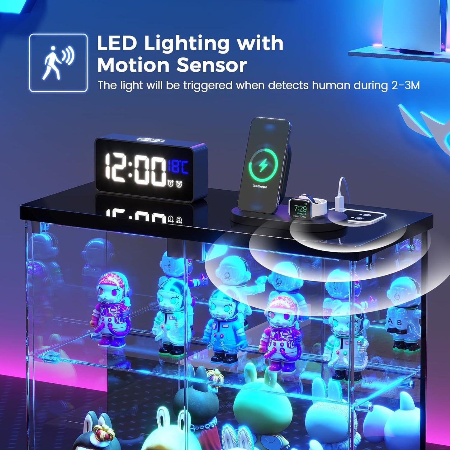 Lighted Clear Glass Display Case - for Figures & Collectibles, Small 2-Tier Display Cabinet with Charging Station, LED Display Box with Lights & Human Sensor, for Model Car, Perfume, Black