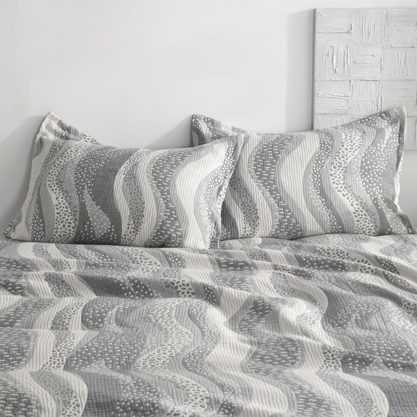 Cotton King Pillow Shams, 3 Layer Muslin Breathable Soft Thermal Yarn Dyed Sham Covers, 2 Pack 20X36 Oxford Pillowcases with Envelope Closure, Grey Wheat Waves