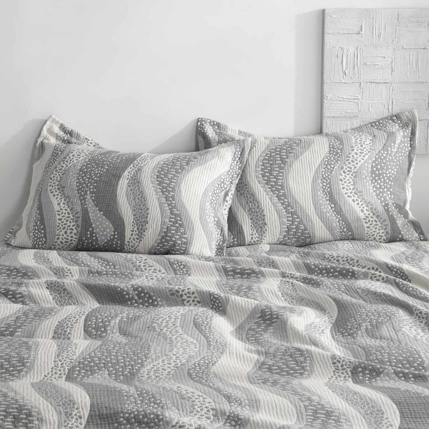 Cotton King Pillow Shams, 3 Layer Muslin Breathable Soft Thermal Yarn Dyed Sham Covers, 2 Pack 20X36 Oxford Pillowcases with Envelope Closure, Grey Wheat Waves