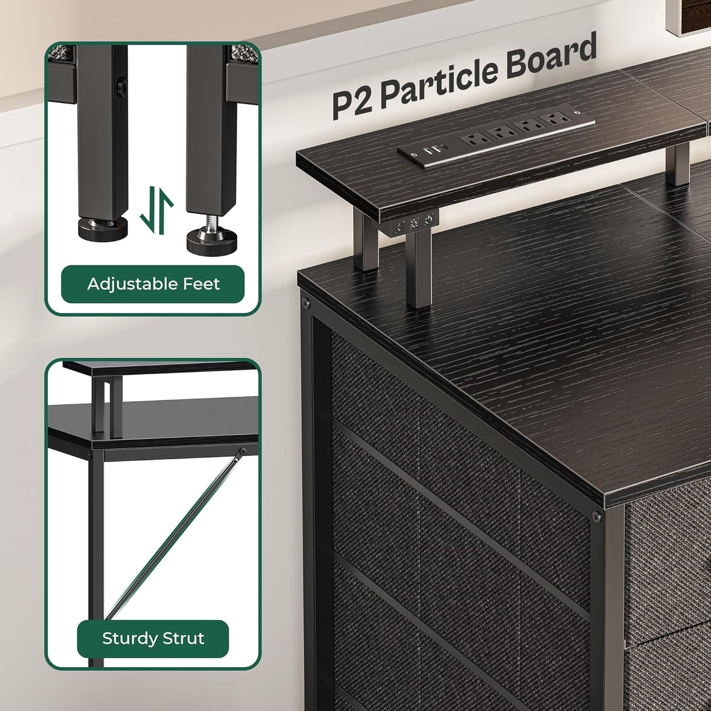 47 Inch Computer Desk with Power Outlets and LED Lights, Gaming Desk with 4 Drawers, Office Desk with Monitor Stand, Study Work Home Office, Small Spaces, Black