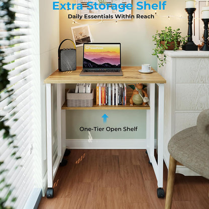 Folding Desk Small Rolling Desk with Storage Shelf,24.8 Inch Foldable Computer Desk with Wheels for Small Space,Easy Assembly,Oak