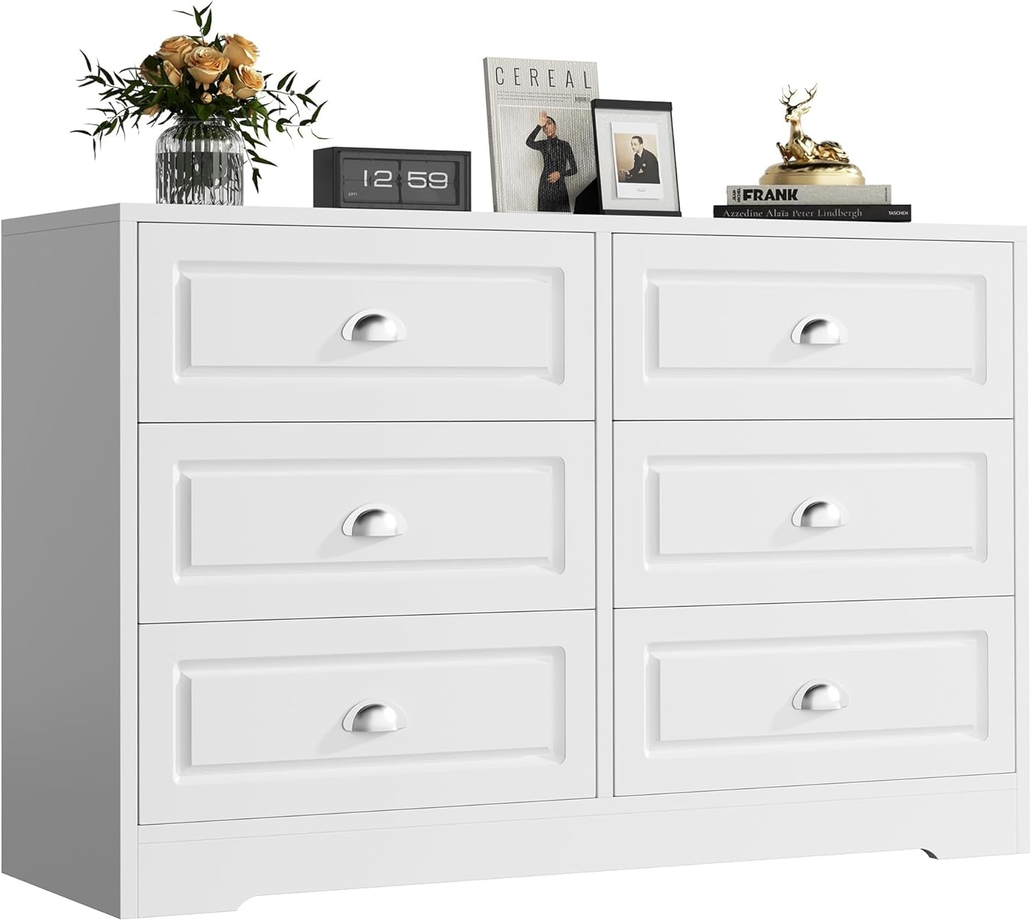 Dresser for Bedroom with 6 Drawers,Double Dresser & Chest of Drawers Wooden Organizer with Metal Handle, Storage TV Stand for Living Room,White