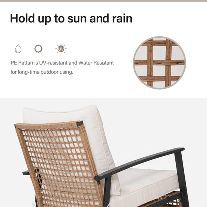 3-Piece Rocking Bistro Set, Outdoor Patio Furniture with Thick Cushions and 2-Tier Coffee Table, Oversize Rattan Conversation Set for Garden, Balcony, Backyard (Beige)