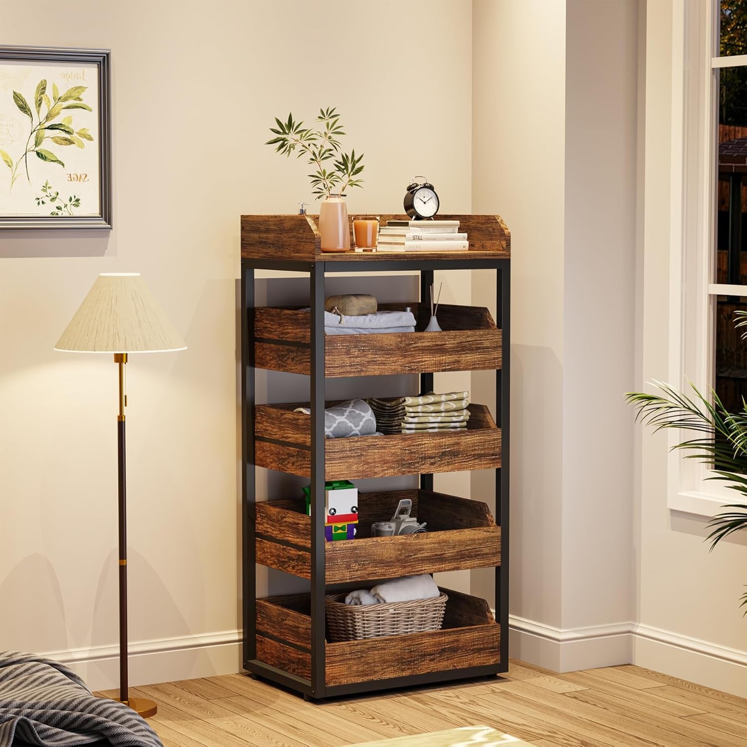 Wood Fruit and Vegetable Storage Rack, 5-Tier Pull-Out Snack Stand Fruit Basket Stand, Utility Shelf Organizer for Kitchen, Living Room, Bedroom, Rustic Brown
