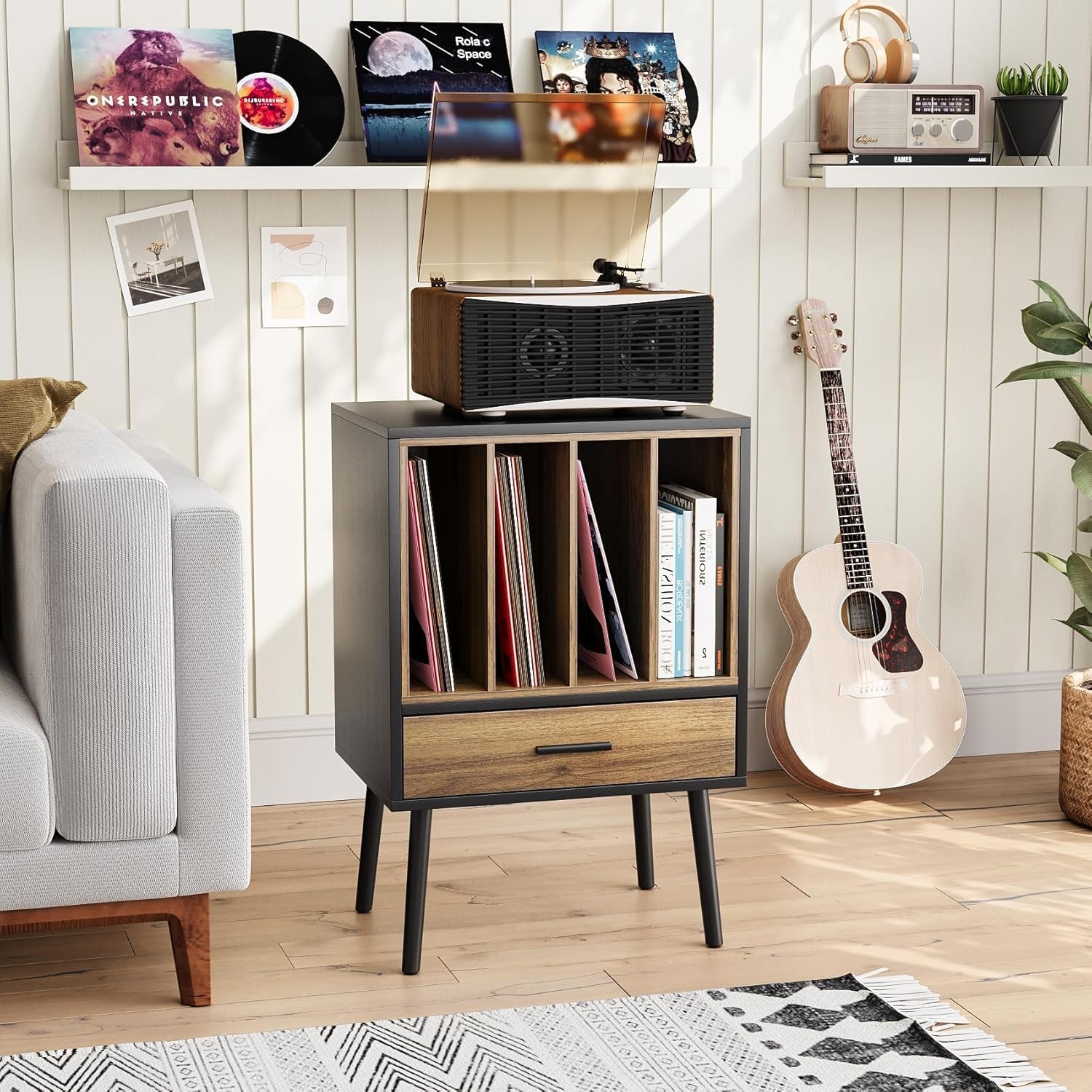 Record Player Stand with Nesting Vinyl Storage Crate, Record Player Table with a Drawer and Solid Wood Legs, Side End Table for Turntables for Living Room Bedroom
