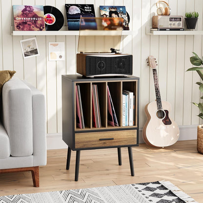 Record Player Stand with Nesting Vinyl Storage Crate, Record Player Table with a Drawer and Solid Wood Legs, Side End Table for Turntables for Living Room Bedroom