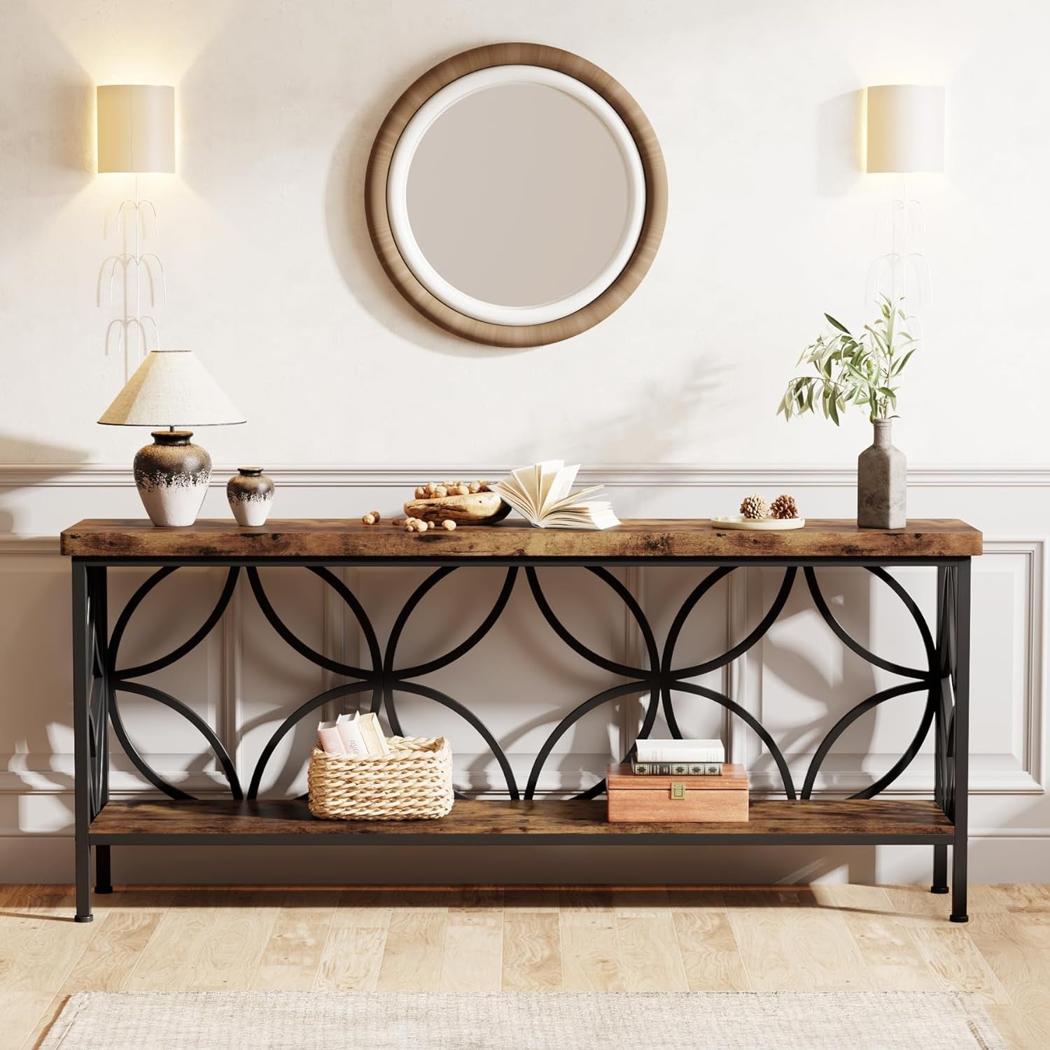 70.9-Inch Narrow Sofa Table, Industrial Long Sofa Table behind Couch, Entry Console Table with Storage for Entryway, Living Room, Foyer, Unique Design, Rustic Brown