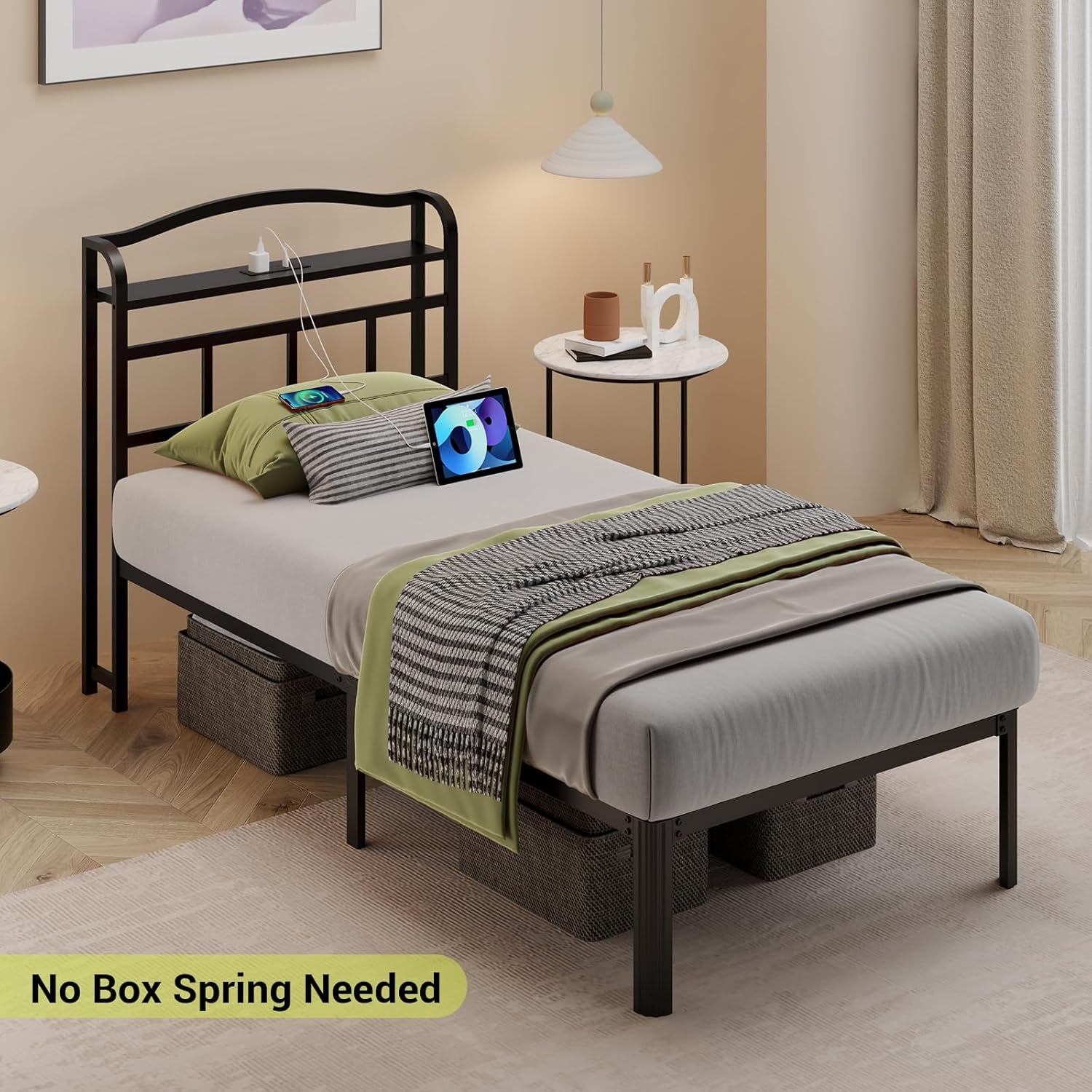 Metal Bed Frame with Headboard and USB & Type C Charging Station, Heavy Duty Metal Bed Frame No Box Spring Needed with Ample Storage Space - Easy Assembly and Noise Free(Black, Twin)
