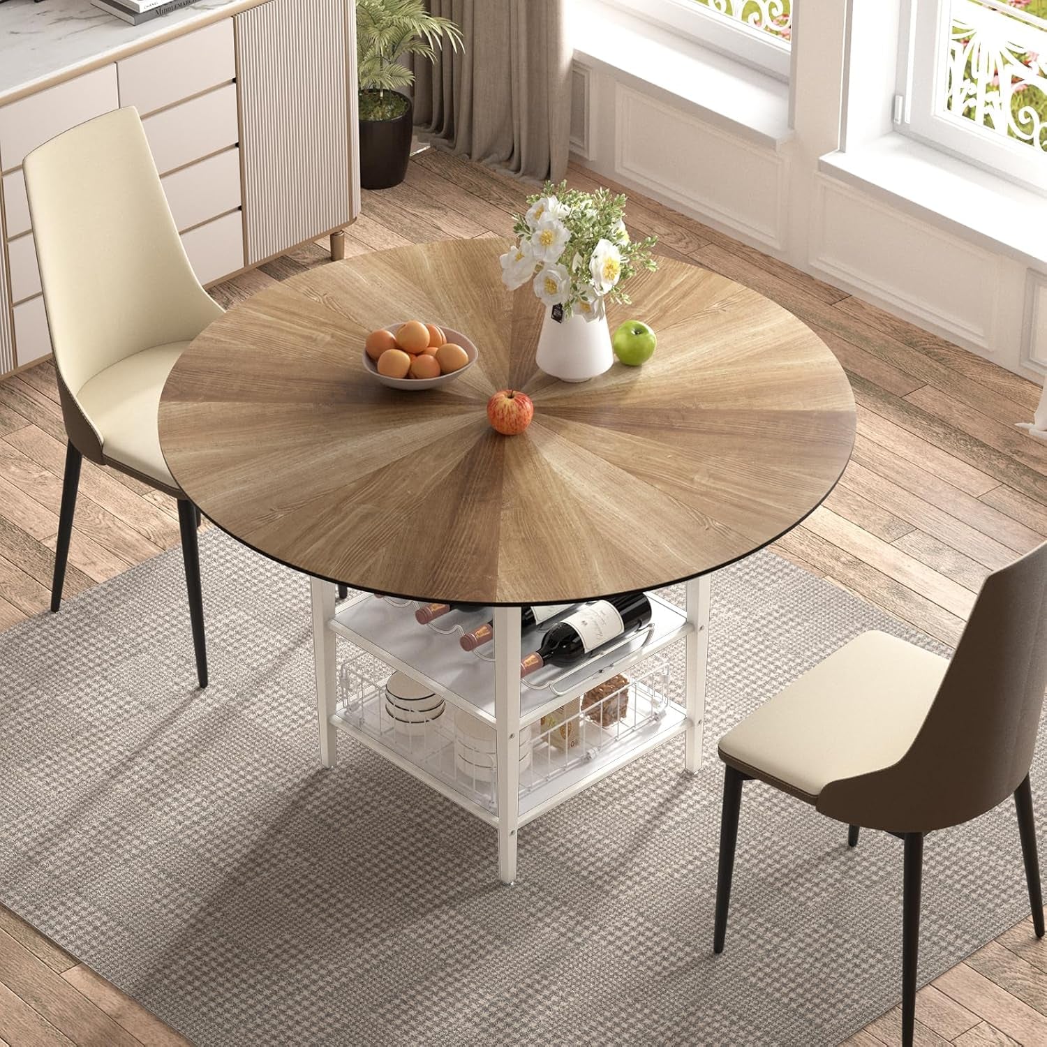 47'' round Dining Table Set for 4-6, Farmhouse Kitchen Table with 4 Chairs & Storage Rack, Rustic Wood Dining Set with Sturdy Metal Base for Dining Room & Living Room