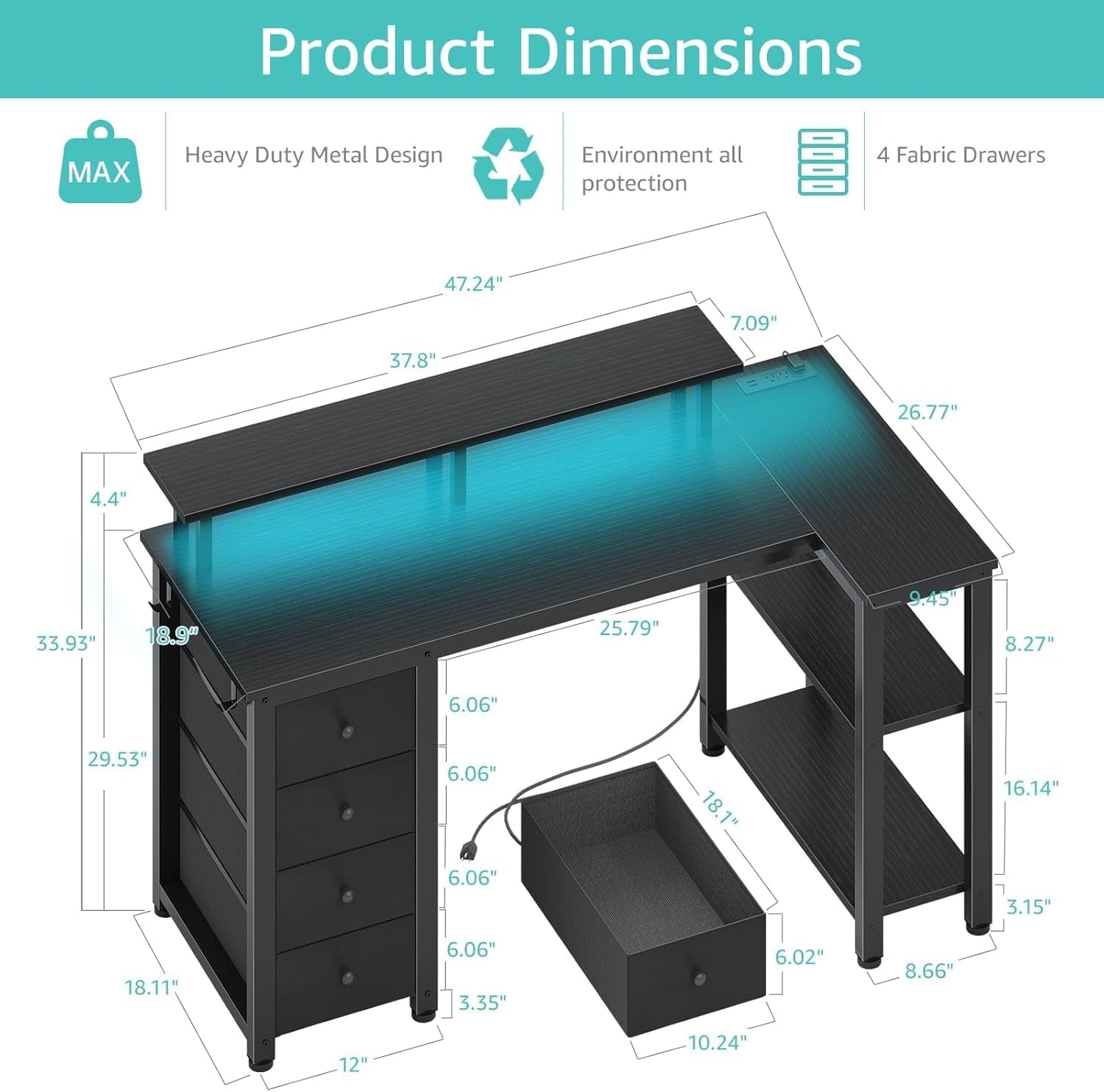 Black L Shaped Desk with Led Lights and Power Outlets, 47 Inch Writing Study Computer Gaming Desks with Fabric Drawers for Bedroom, Home Office Corner Desk with Monitor Stand Shelves, Black