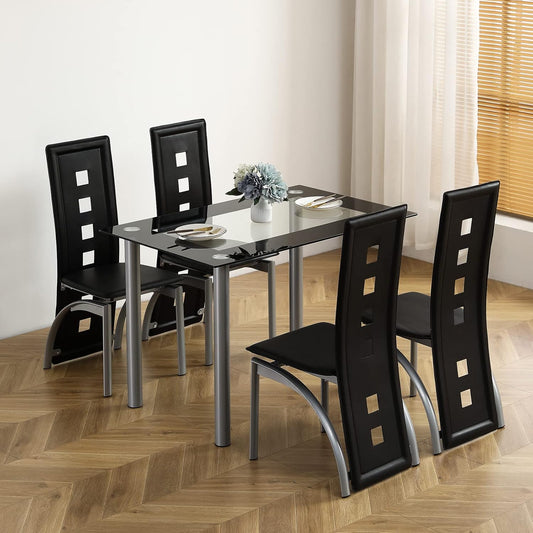 5-Piece Dining Table Set with 1 Glass Dining Table and 4 PVC Chairs, Modern Dining Table Set for Kitchen & Breakfast Dining Living Room, Space Saving, Black