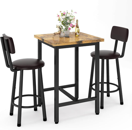 3 Piece Pub Dining Set, Modern Bar Table and Stools for 2 Kitchen Counter Height Wood Top Bistro Easy Assemble for Breakfast Nook Living Room Small Space Restaurant, Rustic Brown 24”