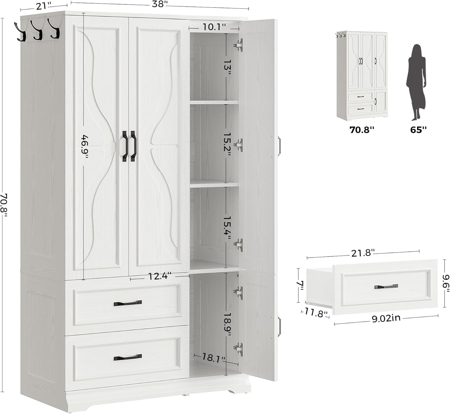 Armoire Wardrobe Closet with 4 Doors and Drawers, Wardrobe Cabinet with Storage Shelves and Side Hooks, Clothing Storage Cabinet for Bedroom, White