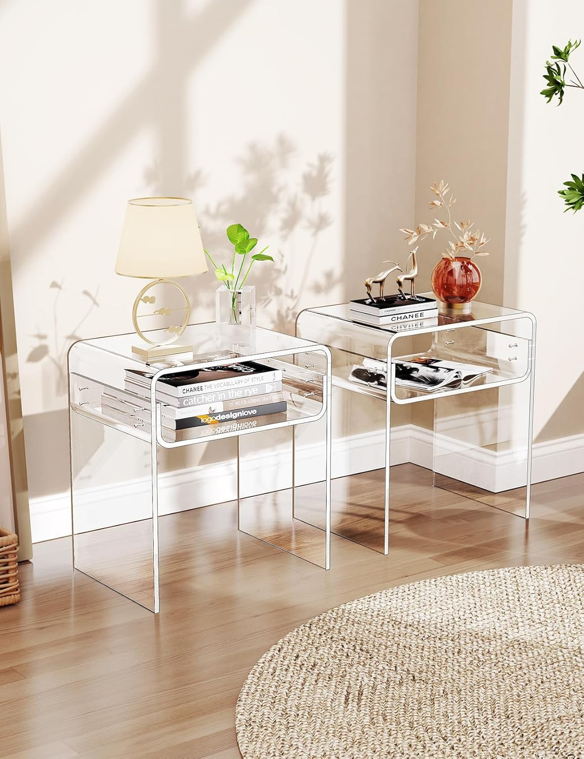 Clear Acrylic End Table 2-Tier Bedside Nightstand for Living Room Bedroom Home Decor (Clear Double)