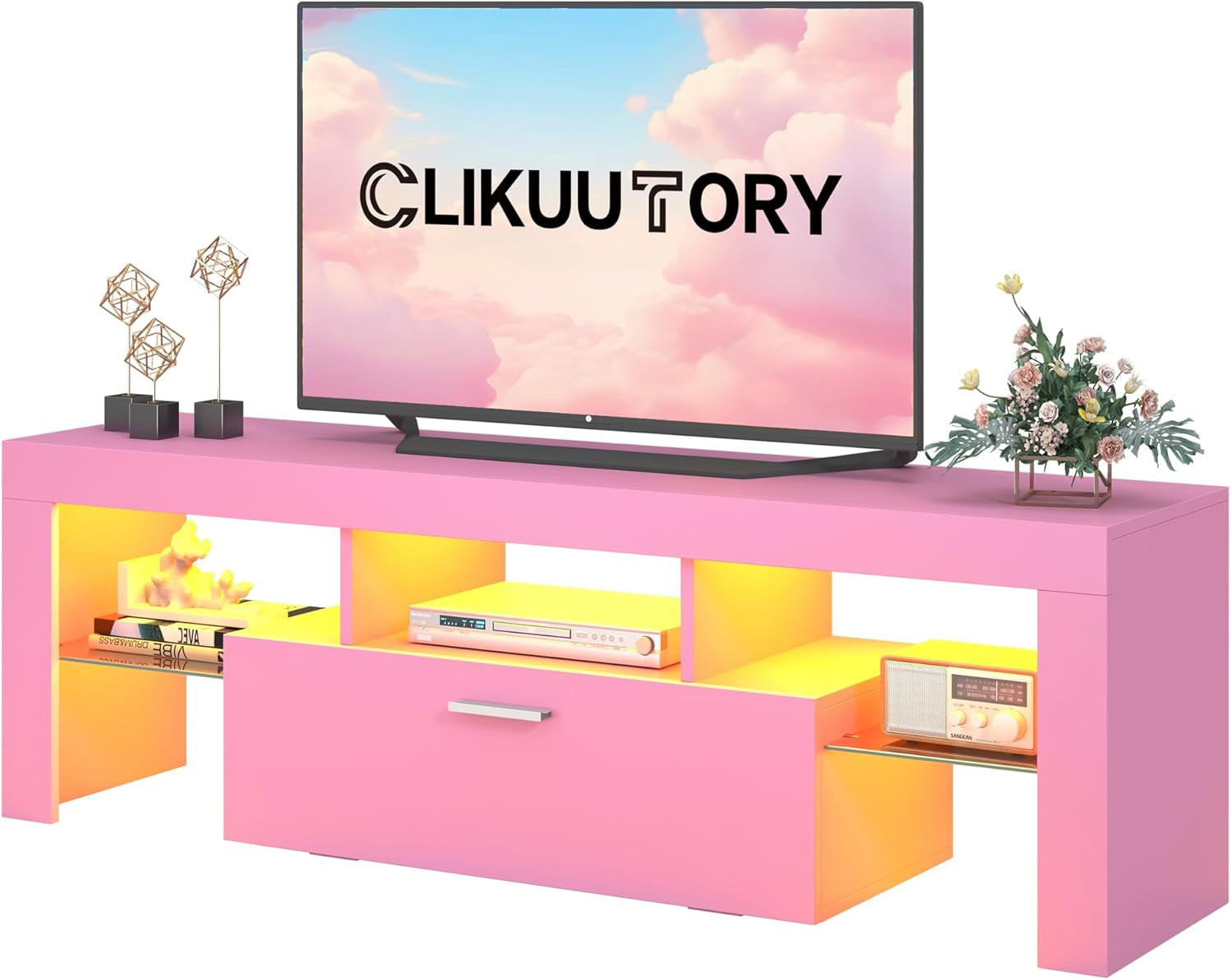 Modern Lighting 51 Inch TV Stand with Large Storage Drawer for 32 40 50 55 Inch Tvs, TV Console with 20 Color LED Lights, Entertainment Center Media and Open Shelf for Bedroom, Pink