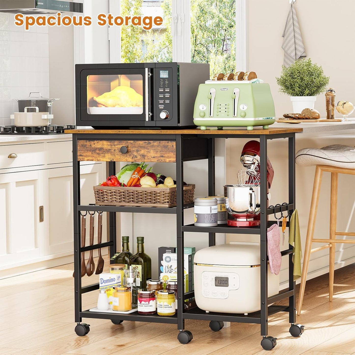 Microwave Stand, 6-Tier Microwave Cart with Wheels & Adjustable Shelf, Coffee Bar Table Station, Rolling Storage Cart Organizer Shelf for Living Room, Kitchen Island, Office, Rustic Brown