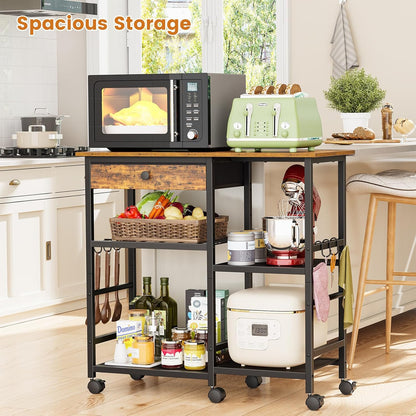 Microwave Stand, 6-Tier Microwave Cart with Wheels & Adjustable Shelf, Coffee Bar Table Station, Rolling Storage Cart Organizer Shelf for Living Room, Kitchen Island, Office, Rustic Brown