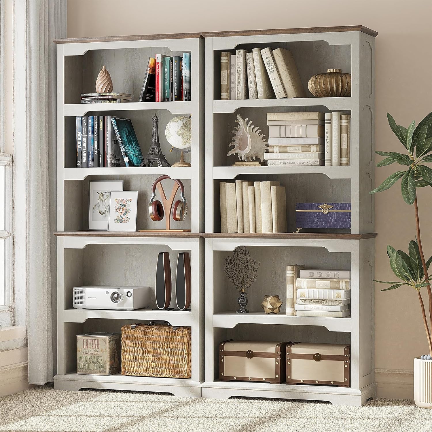 70 Inches Farmhouse Bookcase Bookshelf, Two-Tone Shelves, 5 Tier Bookshelf with Arched Trim, Home Office Living Room Storage Cabinet Unit, 31.5X11.8 Inches (Distressed White & Walnut, Open Shelf)