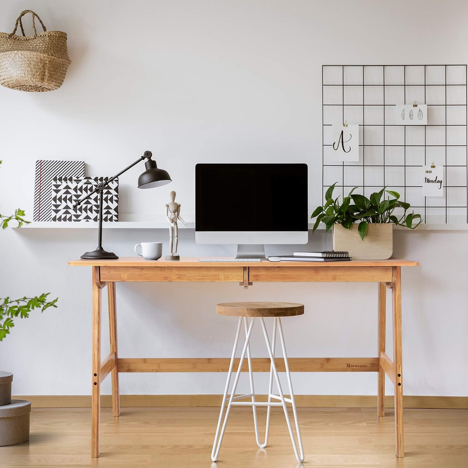 Writing Computer Desk 46" Bamboo Home Office Table with 2 Drawers, Modern Furniture Simple Study Makeup Workstation