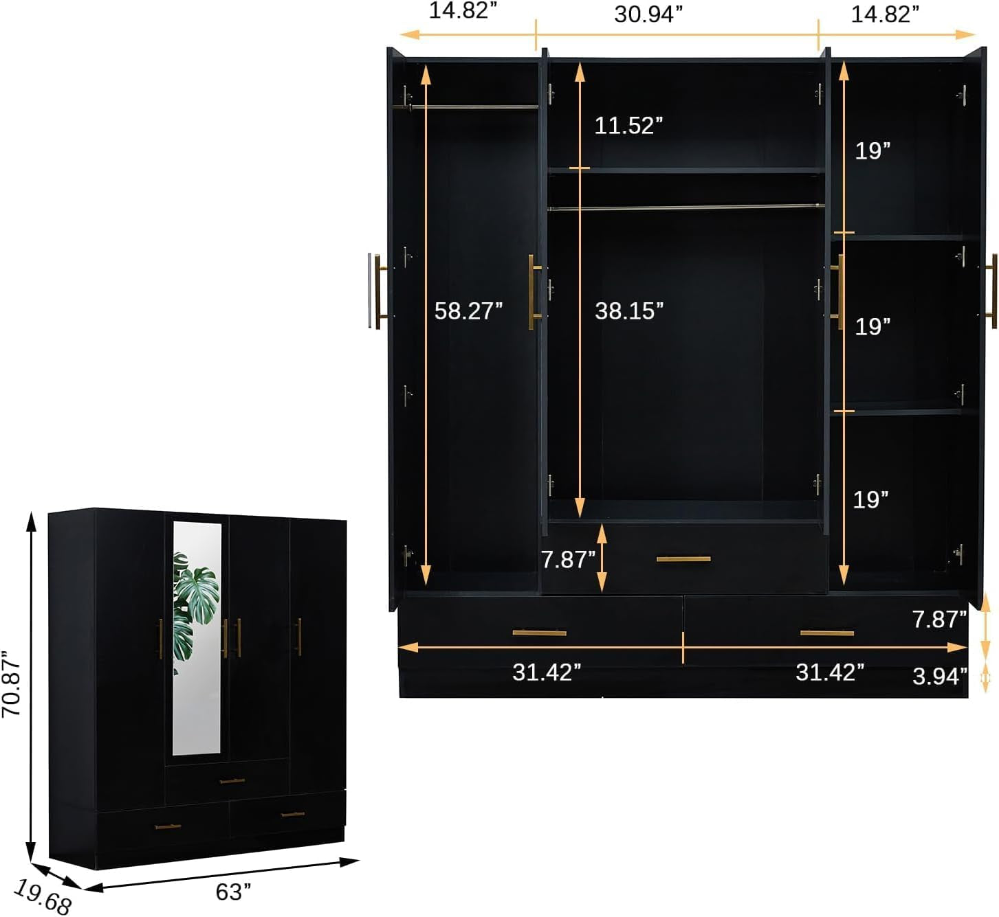 Wood Black Armoire Wardrobe Closet Black: 4 Doors Wardrobe Cabinet 2 Hanging Rods 3 Drawers with Mirror Shelves Large Storage for Bedroom Home