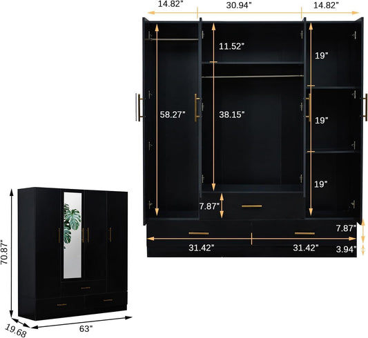 Wood Black Armoire Wardrobe Closet Black: 4 Doors Wardrobe Cabinet 2 Hanging Rods 3 Drawers with Mirror Shelves Large Storage for Bedroom Home