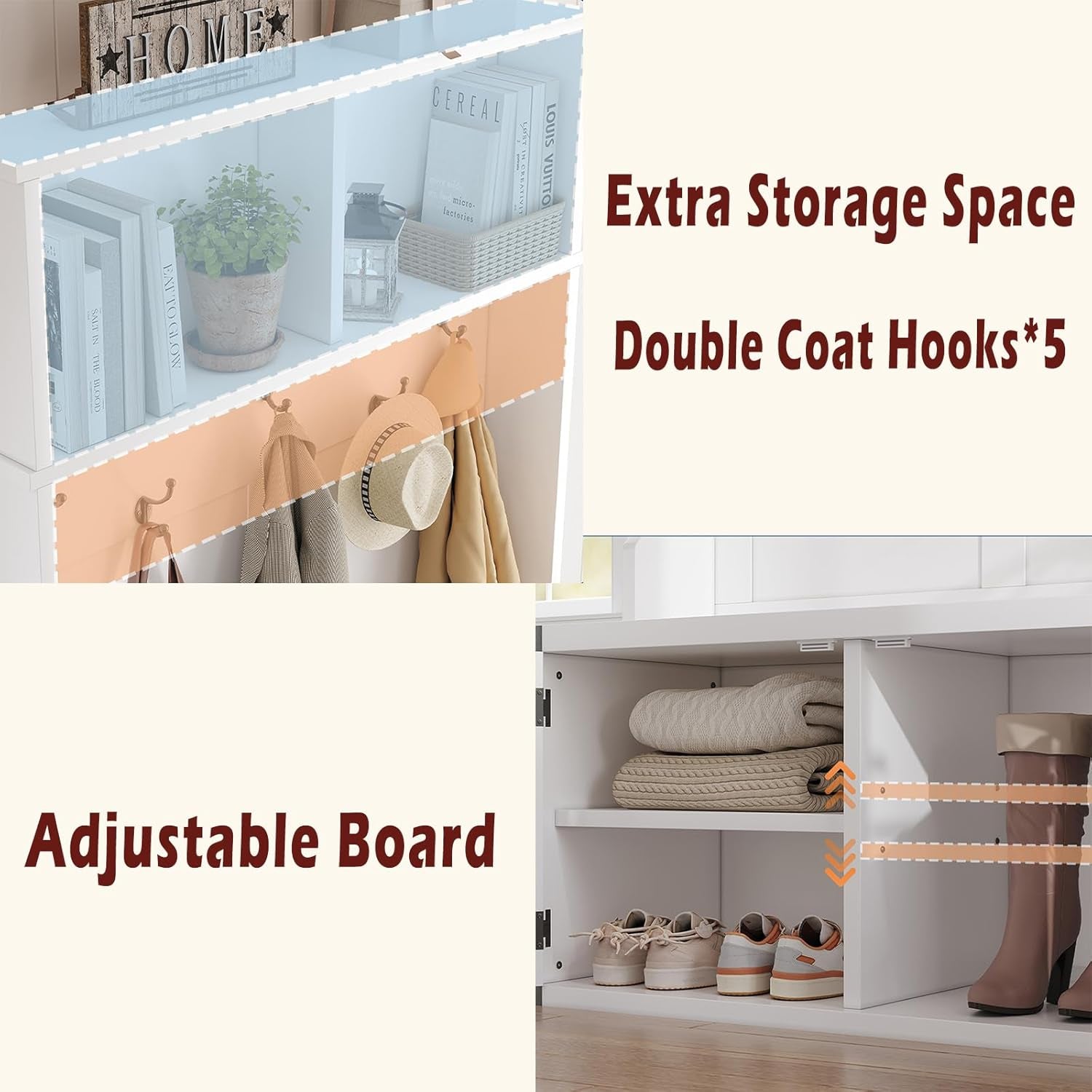 76" Hall Tree with Bench and Shoe Storage, Farmhouse 4-In-1 Entryway with Coat Rack & 5 Tri-Hooks, Adjustable Shelf, White Mudroom Bench with Storage Seating, Space Saving, White
