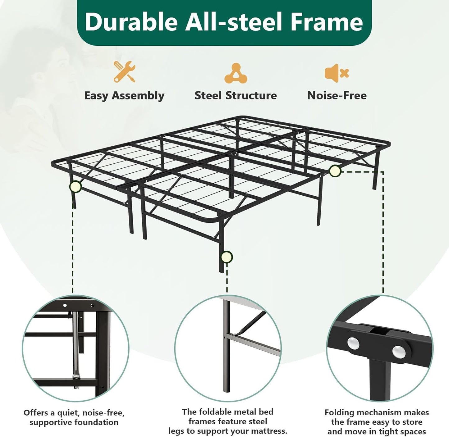 Queen Folding Platform Bed Frame, Heavy Duty Steel Construction with 14" Storage, Tool-Free Assembly, No Box Spring Required