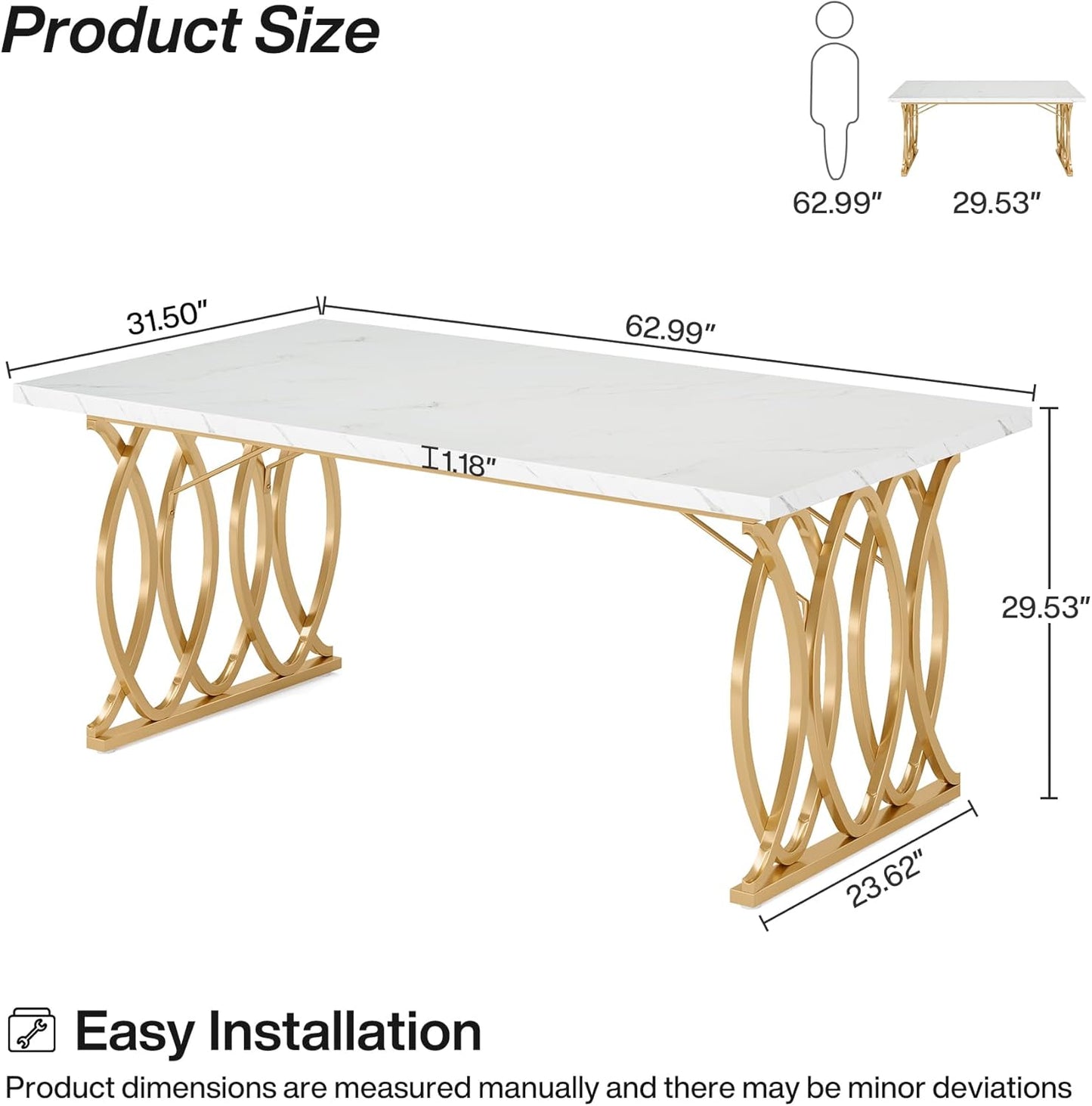 Modern Dining Table, 63" Large Kitchen Table for 4-6 People, Unique Rectangular Dinner Table Kitchen & Dining Room Furniture with Faux Marble Tabletop and Geometric Legs