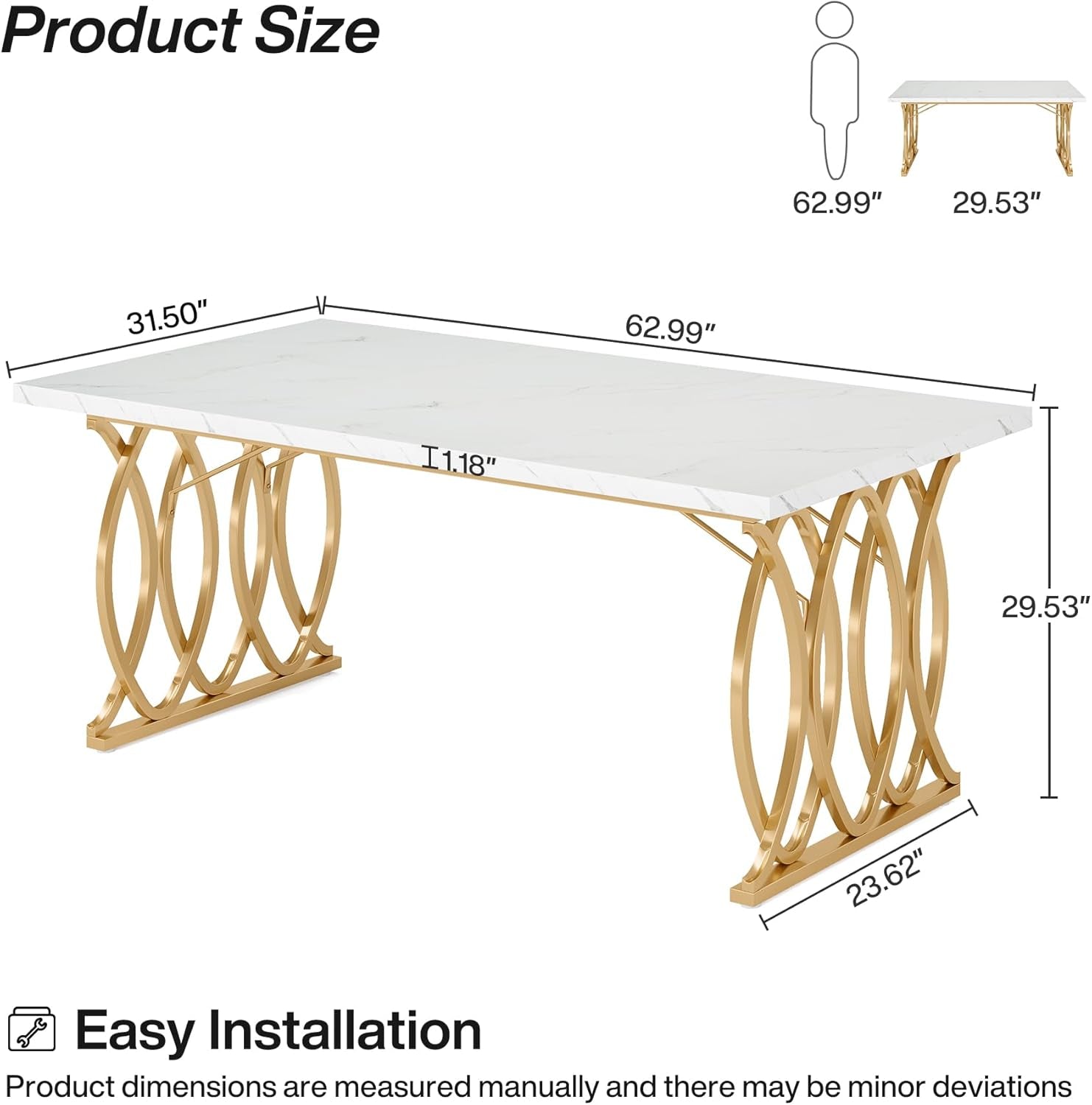 Modern Dining Table, 63" Large Kitchen Table for 4-6 People, Unique Rectangular Dinner Table Kitchen & Dining Room Furniture with Faux Marble Tabletop and Geometric Legs