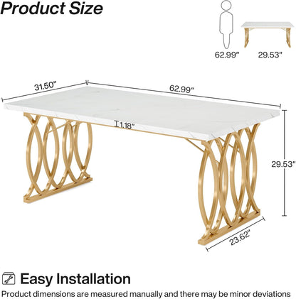 Modern Dining Table, 63" Large Kitchen Table for 4-6 People, Unique Rectangular Dinner Table Kitchen & Dining Room Furniture with Faux Marble Tabletop and Geometric Legs