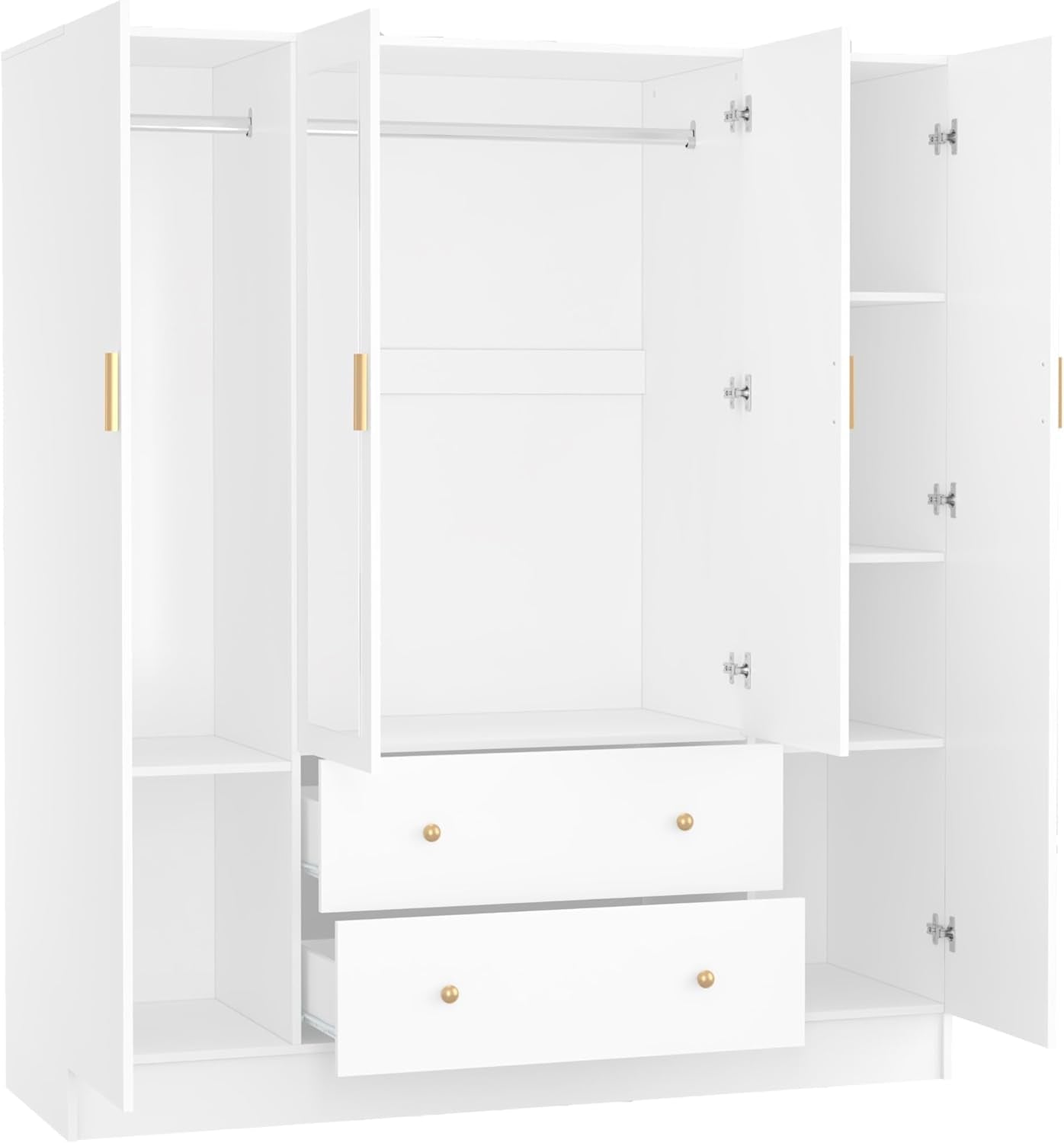Bedroom Armoires Wardrobe Closet with 4 Doors 2 Drawers and Mirror, Large Shelves Hanging Rods for Bedroom, 62.7" W X 19.7" D X 70.8" H
