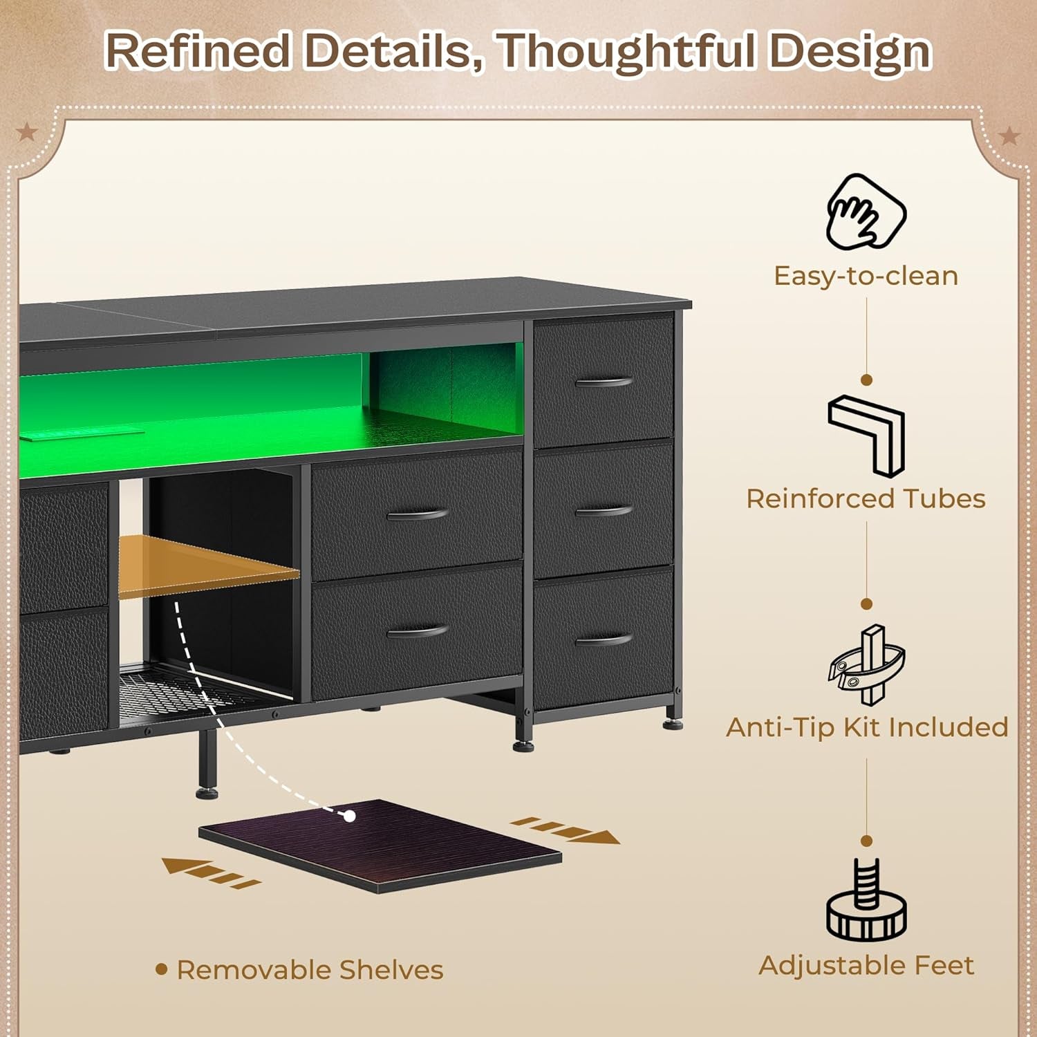 63 Inch LED TV Stand Dresser with Power Outlets, USB-C Port and LED Lights, 10 Fabric Drawer Dresser for Bedroom, Long Entertainment Center for 65, 70 Inch TV, Open Shelves, PU Leather, Black