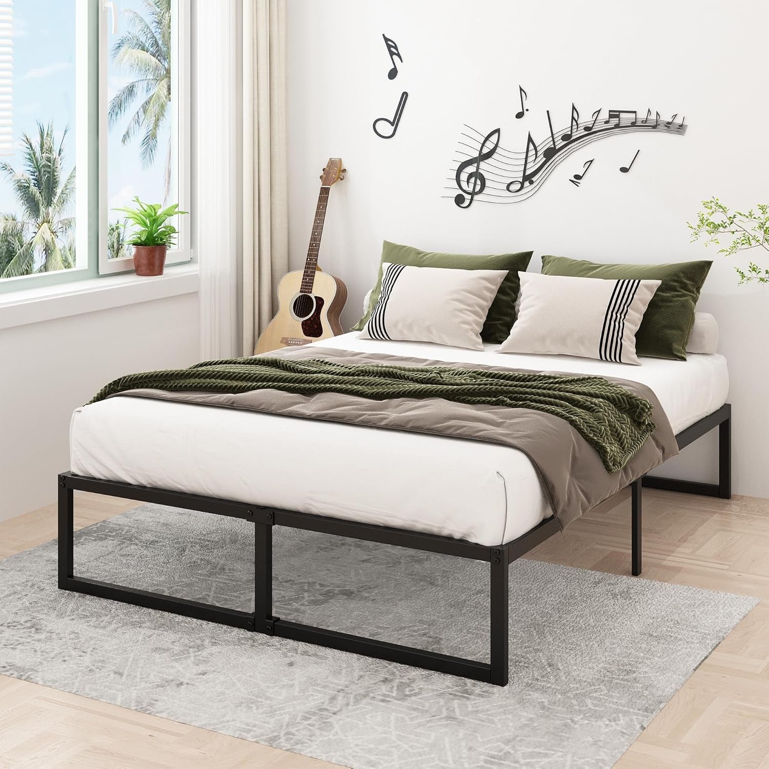 14 Inch Queen Bed Frame Heavy Duty Steel Slat Support Metal Platform Bed Frame Queen Size No Box Spring Needed, Easy Assembly, Black
