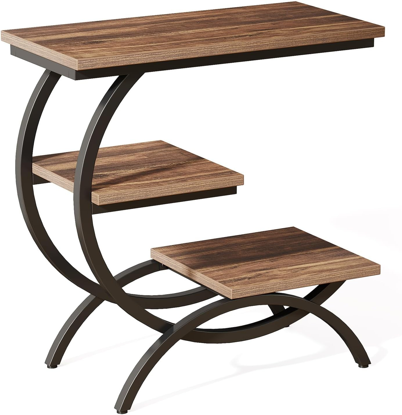 C-Shaped End Table, Industrial 3-Tier Small Side Table for Couch, Wood Bedside Table Snack Side Table with Storage Shelves for Living Room Small Space, Rustic Brown
