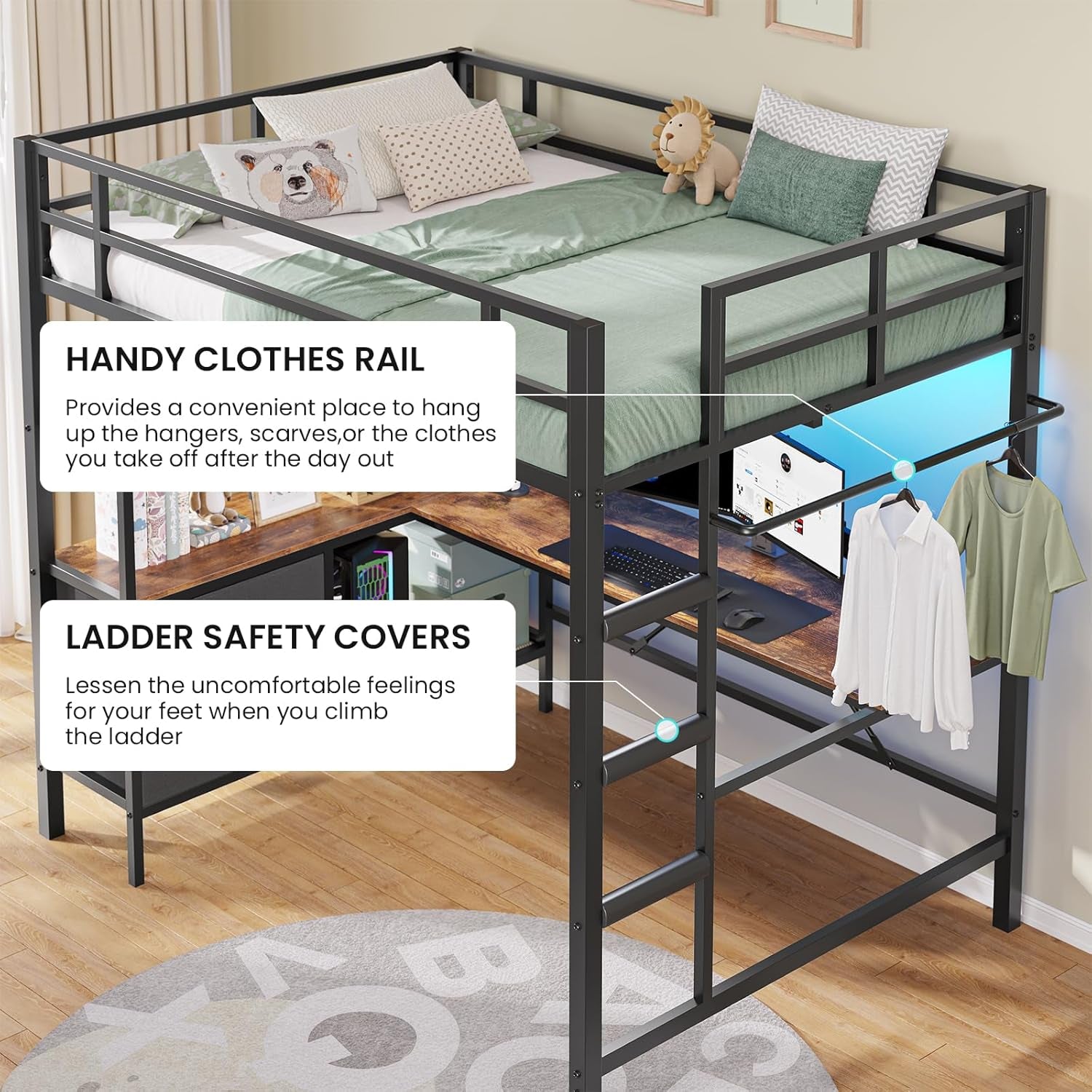 Loft Bed Full Size with L-Shaped Desk and Charging Station Metal Full Size Loft Bed with LED Lights,Storage Shelves and 3 Storage Drawers,Loft Beds for Teen/Adult with Safety Guard&Stairs,Black
