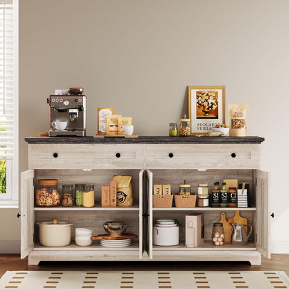 Buffet Cabinet with Storage, Sideboard Storage Cabinet, Kitchen Cabinet with Drawers and Doors, Charcoal Grey and Beige Maple