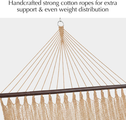 2 Person Caribbean Rope Hammocks for Outside, 12Ft Handwoven Polyester Double Hammock with Spreader Bar for Outdoor Indoor, Max 600 Lbs Capacity (Tan)