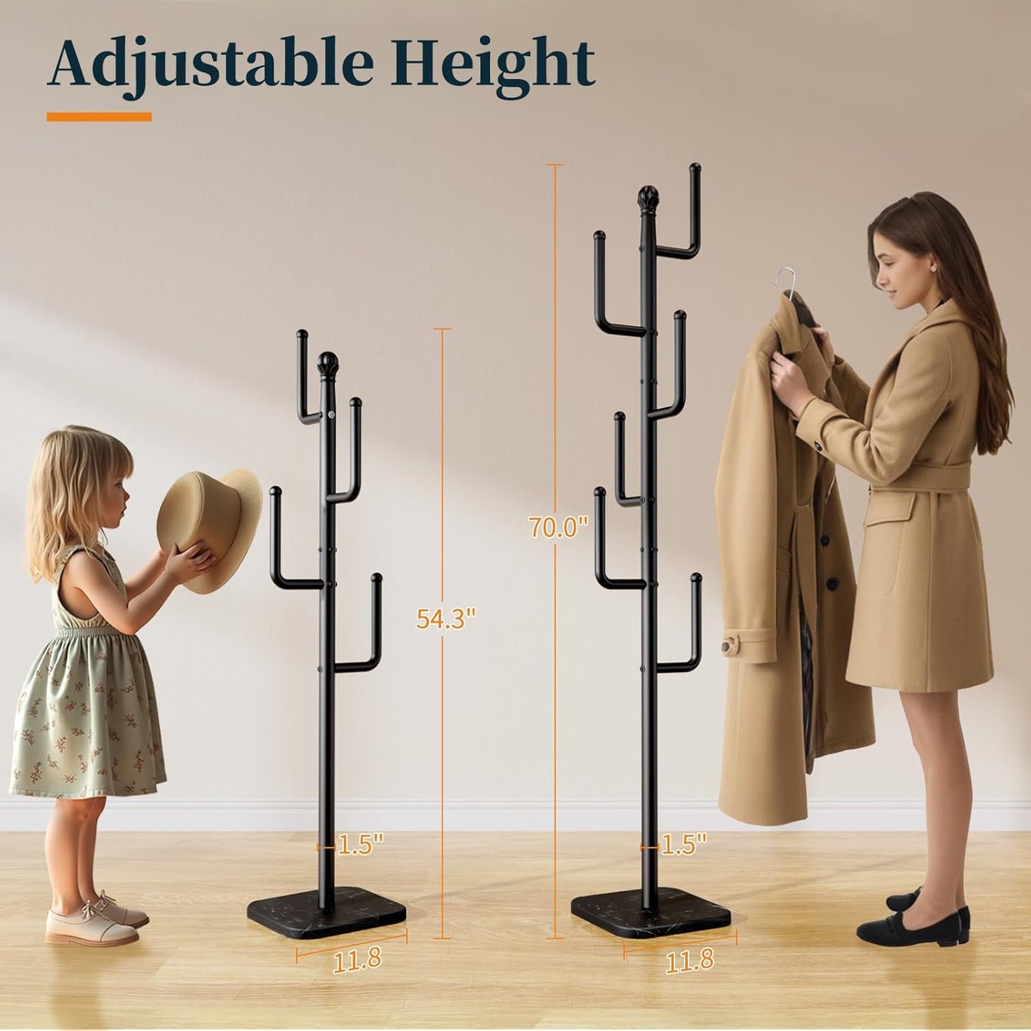 Coat Rack Freestanding with Natural Marble Base - Cactus Coat Tree with 6 L-Shaped Hooks, Heavy Duty Coat Hanger Stand, Metal Coat Rack Stand for Entryway, Hall Tree for Jacket/Hat/Clothes/Bag